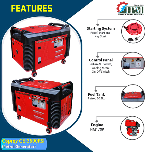3.5 KVA Light Weight & Powerful Portable Petrol Generator, Petrol Run, Recoil & Self Start Model Osprey GE-3500RSi, 
